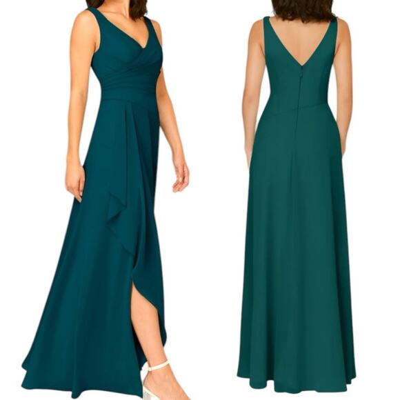 Azazie Kori New Bridesmaid Dress V-neck Chiffon Gown Peakcock Teal Women Size 6 - Picture 16 of 16